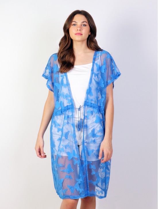 Lace Kimono with Butterfly Embroidered Pattern and Tie 
